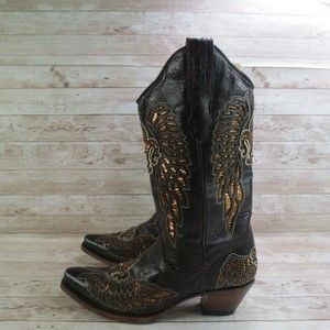 Corral Boots Womens 9 Leather Pull On Boots Angel Wings Fleur De Lis Sequins